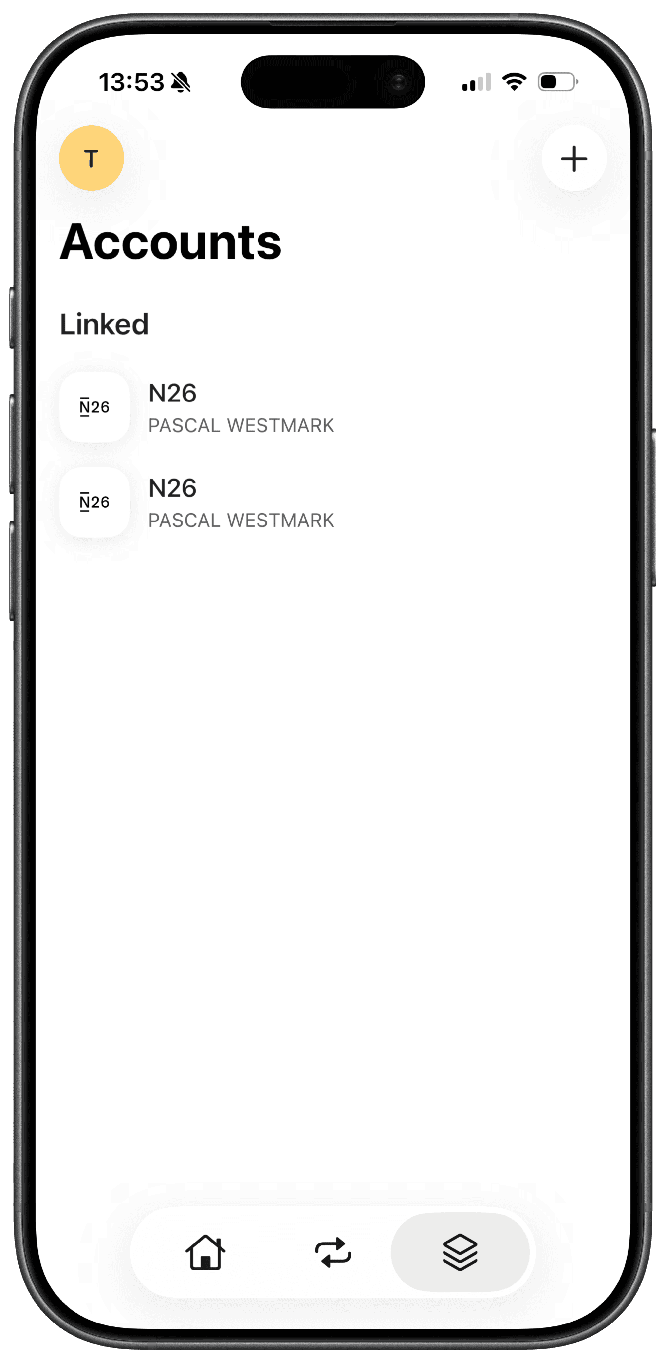 The Kashew app showing your linked bank accounts