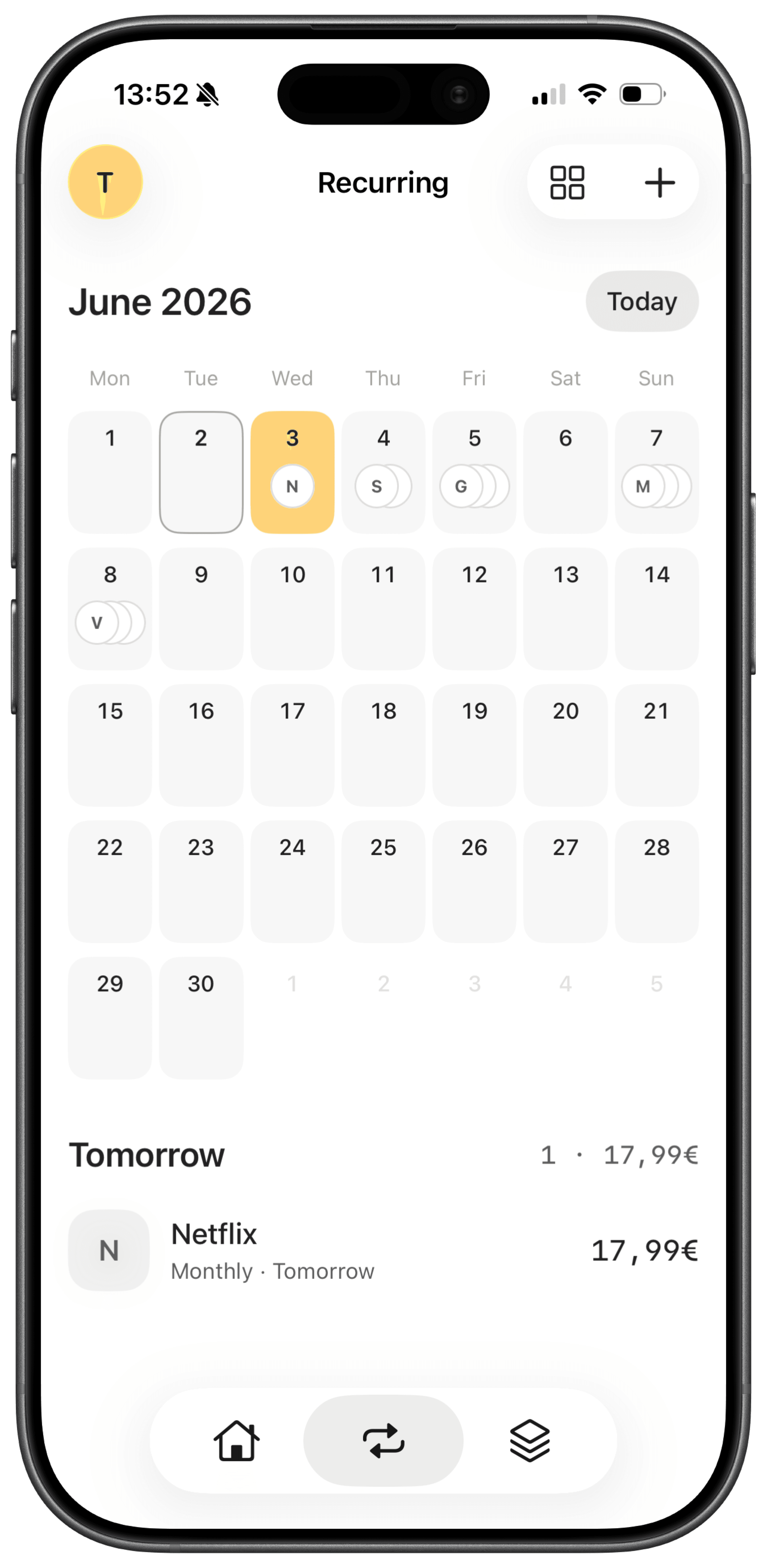 The Kashew app showing upcoming bills on the calendar