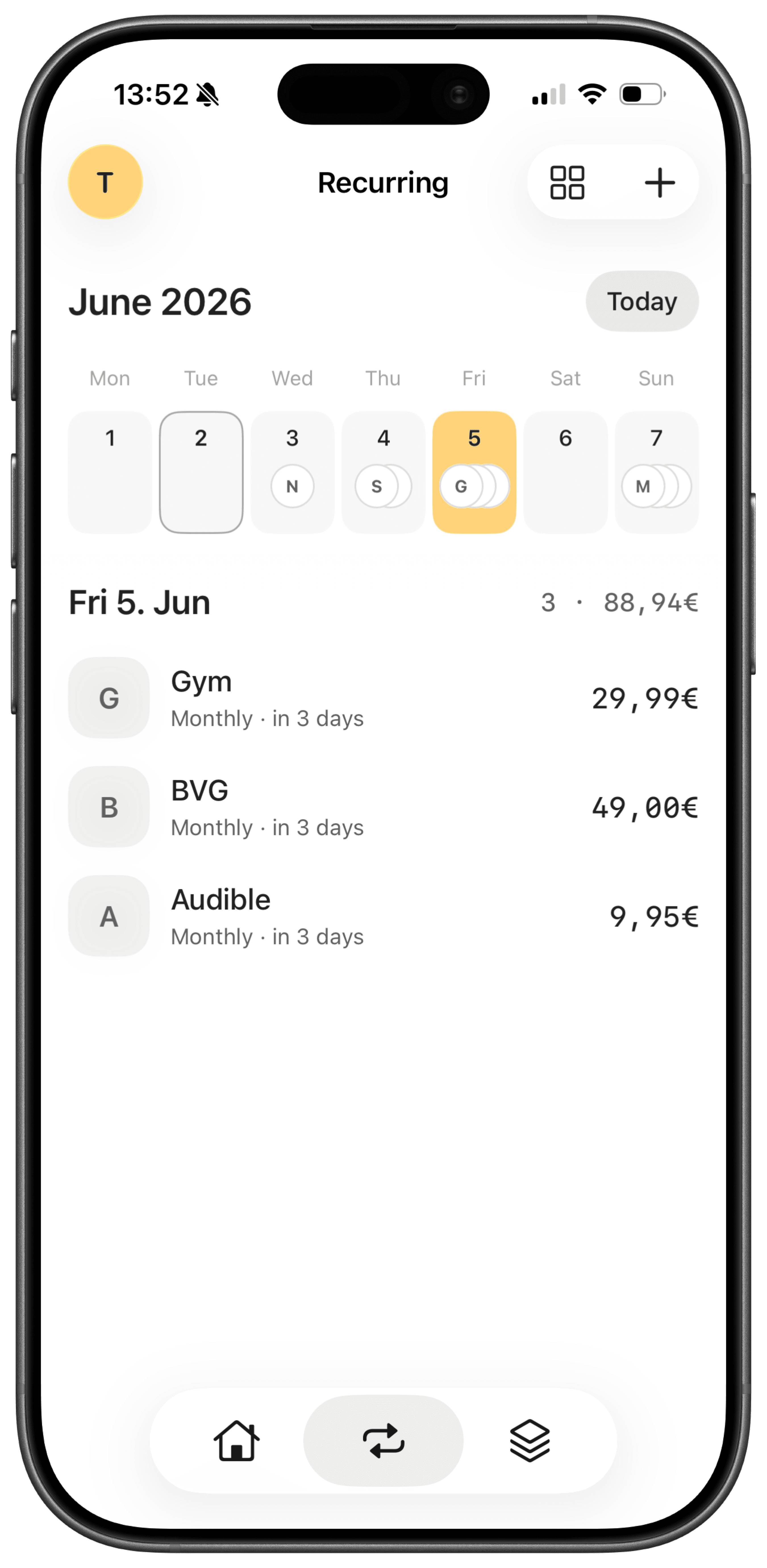 The Kashew app showing recurring bills due this week